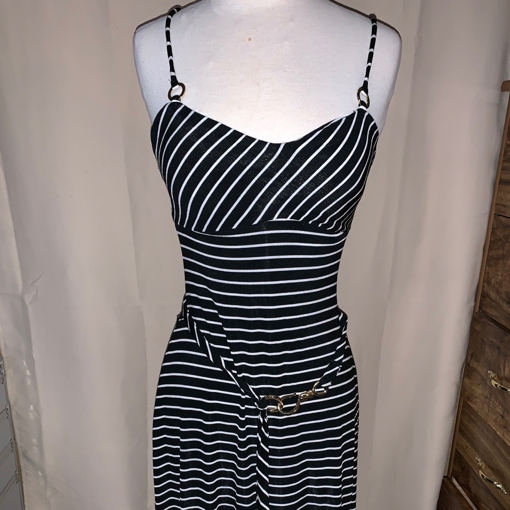 Cache Black & White Striped Dress‎ Size M Fitted Chain Detail